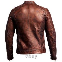 Veste en cuir de style Café Racer, vintage et usée, de couleur marron foncé, pour motards hommes