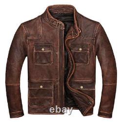 Veste en cuir de vachette brun vieilli pour moto vintage Café Racer pour homme