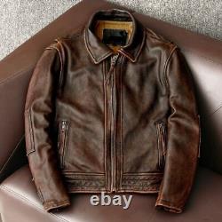 Veste en cuir de vachette marron pour homme, bomber usé de style café racer vintage