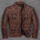 Veste En Cuir De Vachette Marron Usée Pour Motard Vintage Café Racer Homme