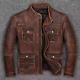 Veste En Cuir De Vachette Marron Vieilli Pour Homme, Style Biker Café Racer Vintage