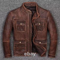 Veste en cuir de vachette marron vieilli pour homme, style biker café racer vintage