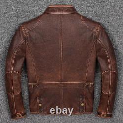 Veste en cuir de vachette marron vieilli pour homme, style biker café racer vintage