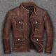 Veste En Cuir De Vachette Marron Vieilli Pour Motard Vintage Style Cafe Racer