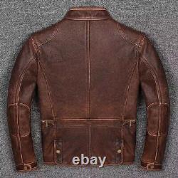 Veste en cuir de vachette marron vieilli pour motard vintage style Cafe Racer