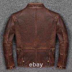 Veste en cuir de vachette vieilli marron pour moto vintage style café racer pour homme.