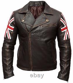 Veste en cuir de vachette vintage pour motard, couleur brun vieilli, avec drapeau de l'Union Jack