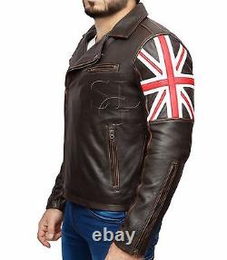 Veste en cuir de vachette vintage pour motard, couleur brun vieilli, avec drapeau de l'Union Jack