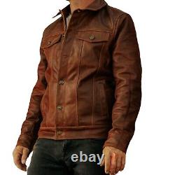 Veste en cuir marron pour homme, veste de motard en cuir marron vieilli.