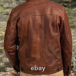 Veste en cuir marron pour homme, veste de motard en cuir marron vieilli.