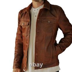 Veste en cuir marron pour homme, veste de motard en cuir marron vieilli.