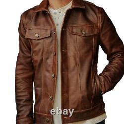 Veste en cuir marron pour homme, veste de motard en cuir marron vieilli.