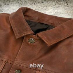 Veste en cuir marron pour homme, veste de motard en cuir marron vieilli.