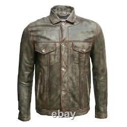 Veste en cuir marron usé pour homme avec fil rouge, en peau de mouton véritable, style motard.