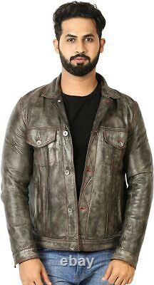 Veste en cuir marron usé pour homme avec fil rouge, en peau de mouton véritable, style motard.