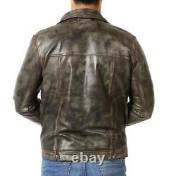 Veste en cuir marron usé pour homme avec fil rouge, en peau de mouton véritable, style motard.