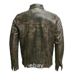 Veste en cuir marron usé pour homme avec fil rouge, en peau de mouton véritable, style motard.