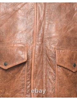 Veste en cuir marron vieilli avec fermeture éclair sur le devant