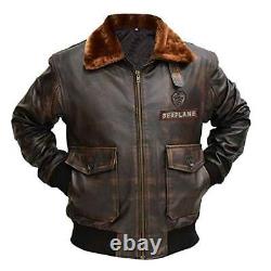 Veste en cuir marron vieilli de pilote aviateur Jumanji de Nick Jonas pour hommes sur hydravion