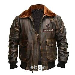 Veste en cuir marron vieilli de pilote aviateur Jumanji de Nick Jonas pour hommes sur hydravion