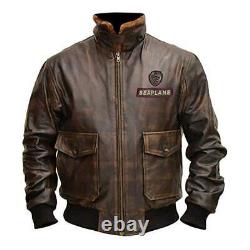 Veste en cuir marron vieilli de pilote aviateur Jumanji de Nick Jonas pour hommes sur hydravion