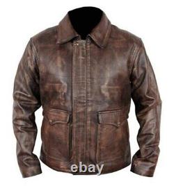 Veste en cuir marron vieilli pour homme, style motard, en cuir véritable vintage