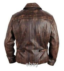 Veste en cuir marron vieilli pour homme, style motard, en cuir véritable vintage