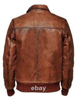 Veste en cuir marron vieilli pour homme, style motard, en vrai cuir d'agneau, veste bombardier.