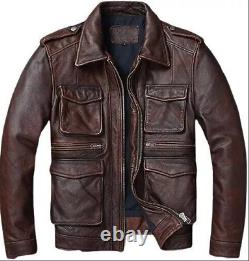 Veste en cuir marron vieilli pour hommes style motard vintage Cafe Racer