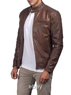 Veste en cuir marron vintage pour homme, style biker café racer usée