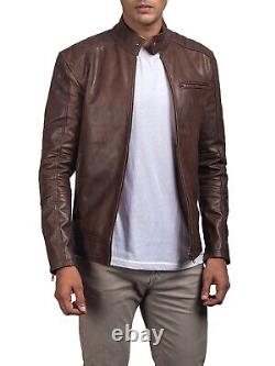 Veste en cuir marron vintage pour homme, style biker café racer usée