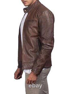 Veste en cuir marron vintage pour homme, style biker café racer usée