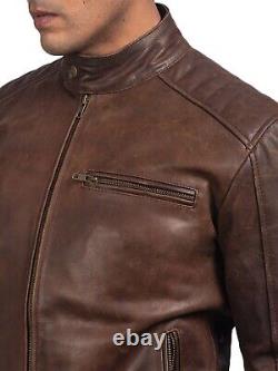 Veste en cuir marron vintage pour homme, style biker café racer usée