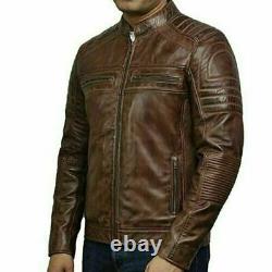 Veste en cuir matelassée pour motard vintage marron vieilli style café racer