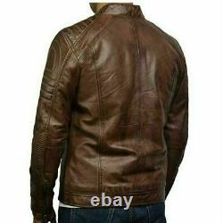 Veste en cuir matelassée pour motard vintage marron vieilli style café racer