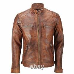 Veste en cuir matelassée pour motocycliste café racer en détresse marron pour homme