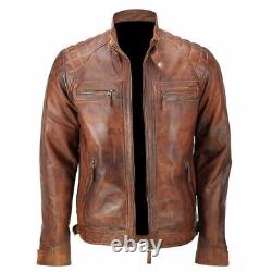 Veste en cuir matelassée pour motocycliste café racer en détresse marron pour homme