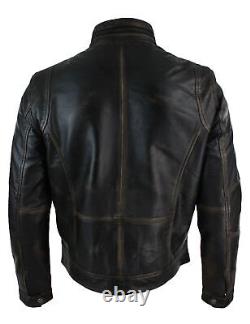 Veste en cuir militaire rétro vintage décontractée noire et marron vieillie pour homme