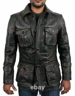 Veste en cuir noir délavé pour homme / motard en détresse / veste boutonnée en cuir noir délavé pour moto