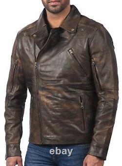 Veste en cuir pour homme à triple couture et double boutonnage, en cuir marron vieilli