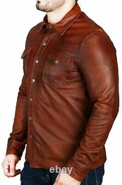 Veste en cuir pour homme de style chemise brun vieilli de moto vintage pour motards