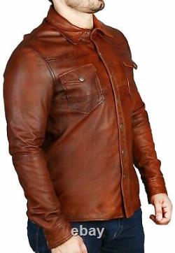 Veste en cuir pour homme de style chemise brun vieilli de moto vintage pour motards