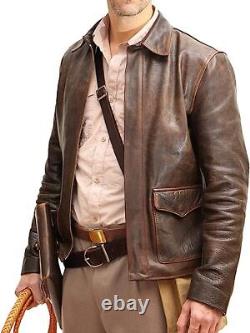 Veste en cuir pour hommes Indiana Jones en peau de vache et mouton vieilli marron en détresse