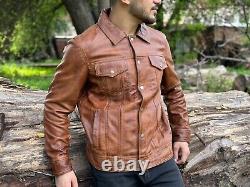 Veste en cuir trucker pour homme en cuir vieilli marron, veste en cuir