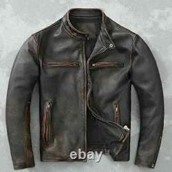 Veste en cuir véritable brun usé Vintage Café Racer pour motard homme