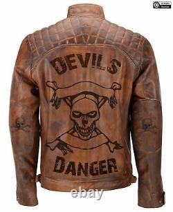 Veste en cuir véritable de motard vintage pour café racer avec design diable pour hommes - NEUF