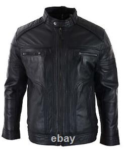 Veste en cuir véritable de moto vintage noire et brune pour homme, style décontracté avec zip, effet usé