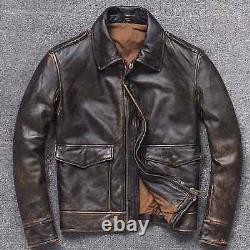 Veste en cuir véritable de mouton vieilli marron foncé pour homme, style biker, col.