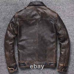 Veste en cuir véritable de mouton vieilli marron foncé pour homme, style biker, col.