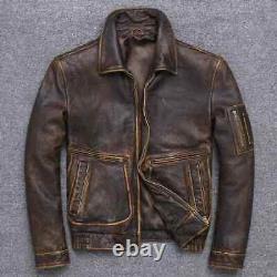 Veste en cuir véritable marron foncé usée pour homme de style biker vintage